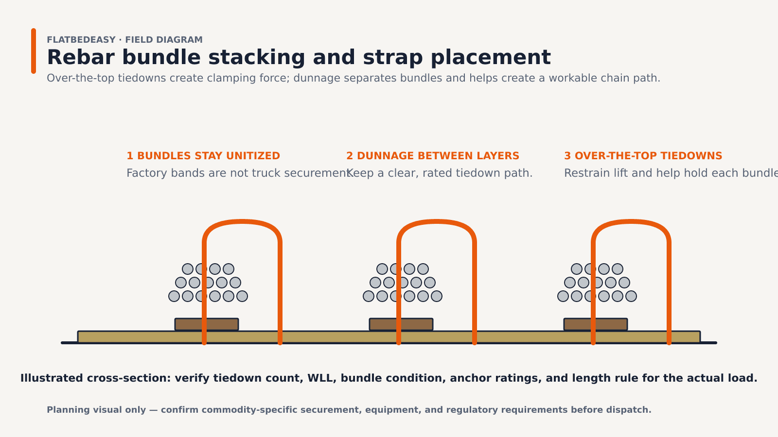 Flatbed rebar securement diagram with three stacked bundle groups on dunnage and orange over-the-top tiedown arcs applying downward restraint.